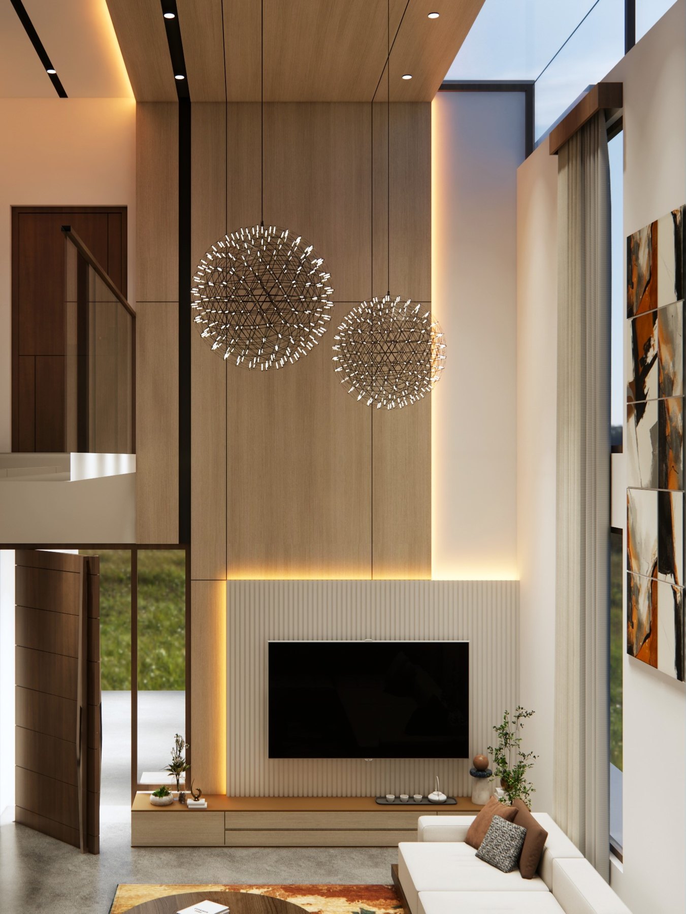A double-height living room with a sculptural feature wall