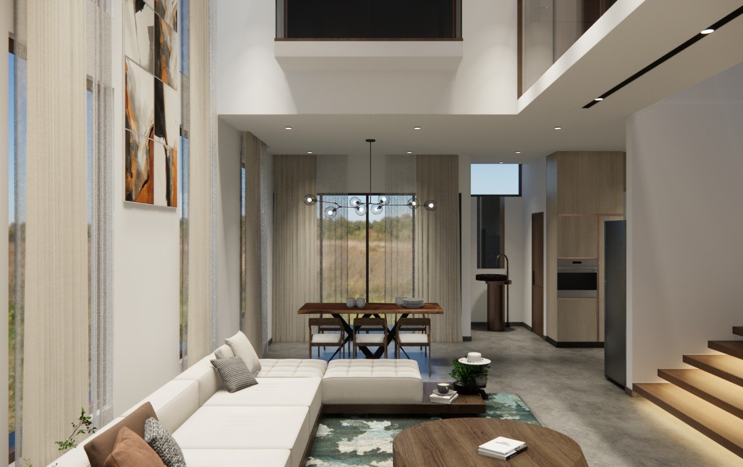 An airy villa living room opening into the dining space