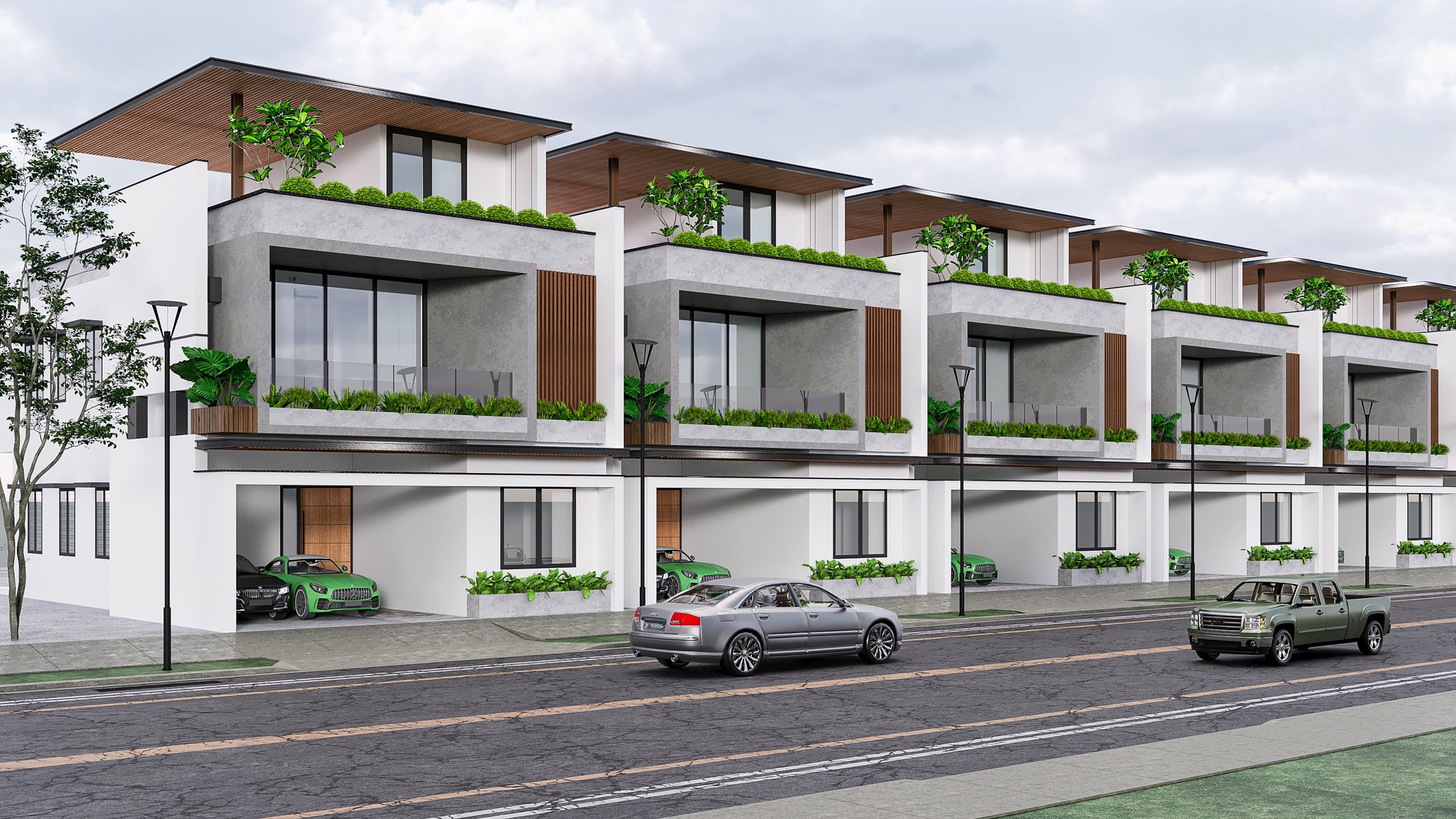 A tree-lined view of the Nitara Estates villa collection