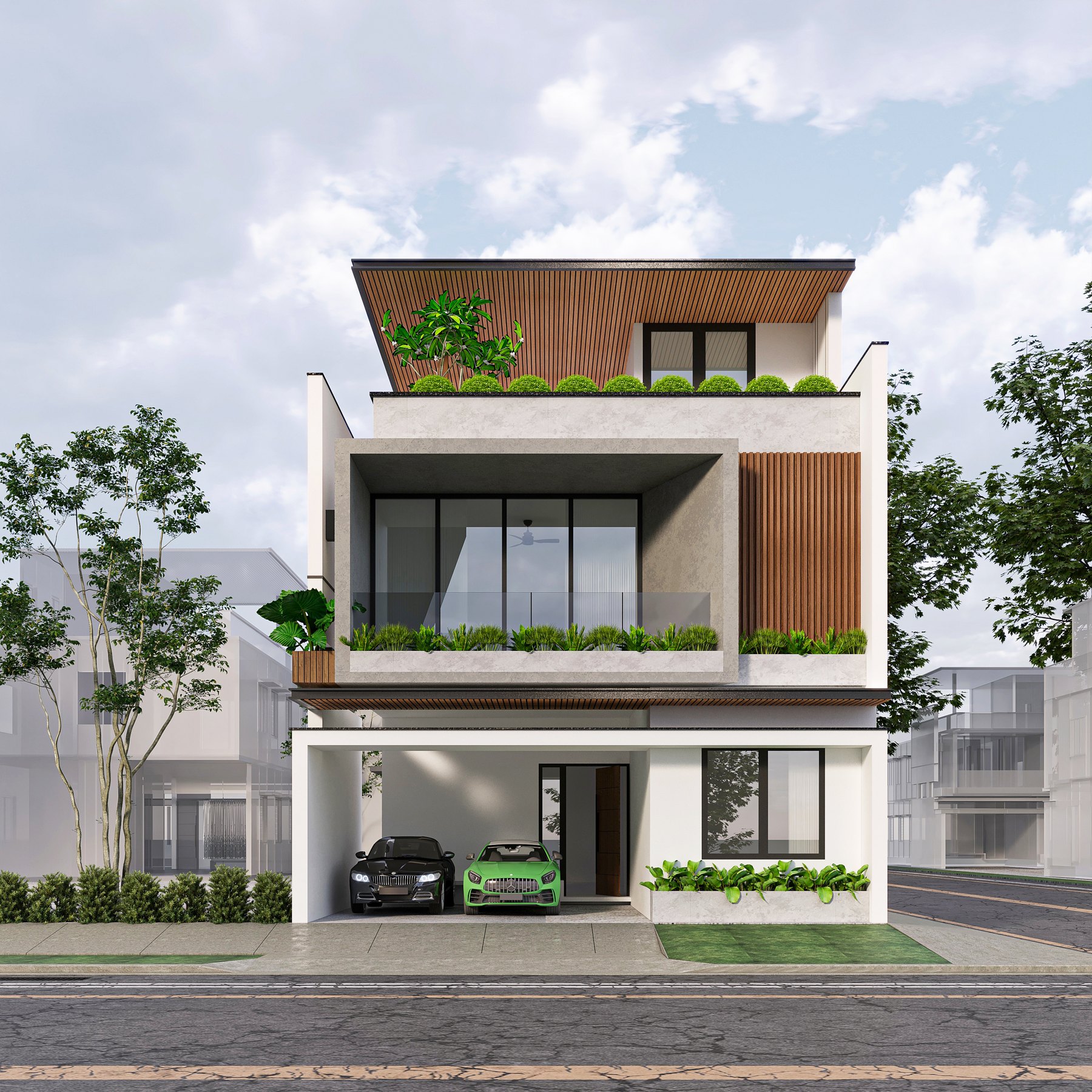 Front elevation of a Nitara Estates villa with generous balconies